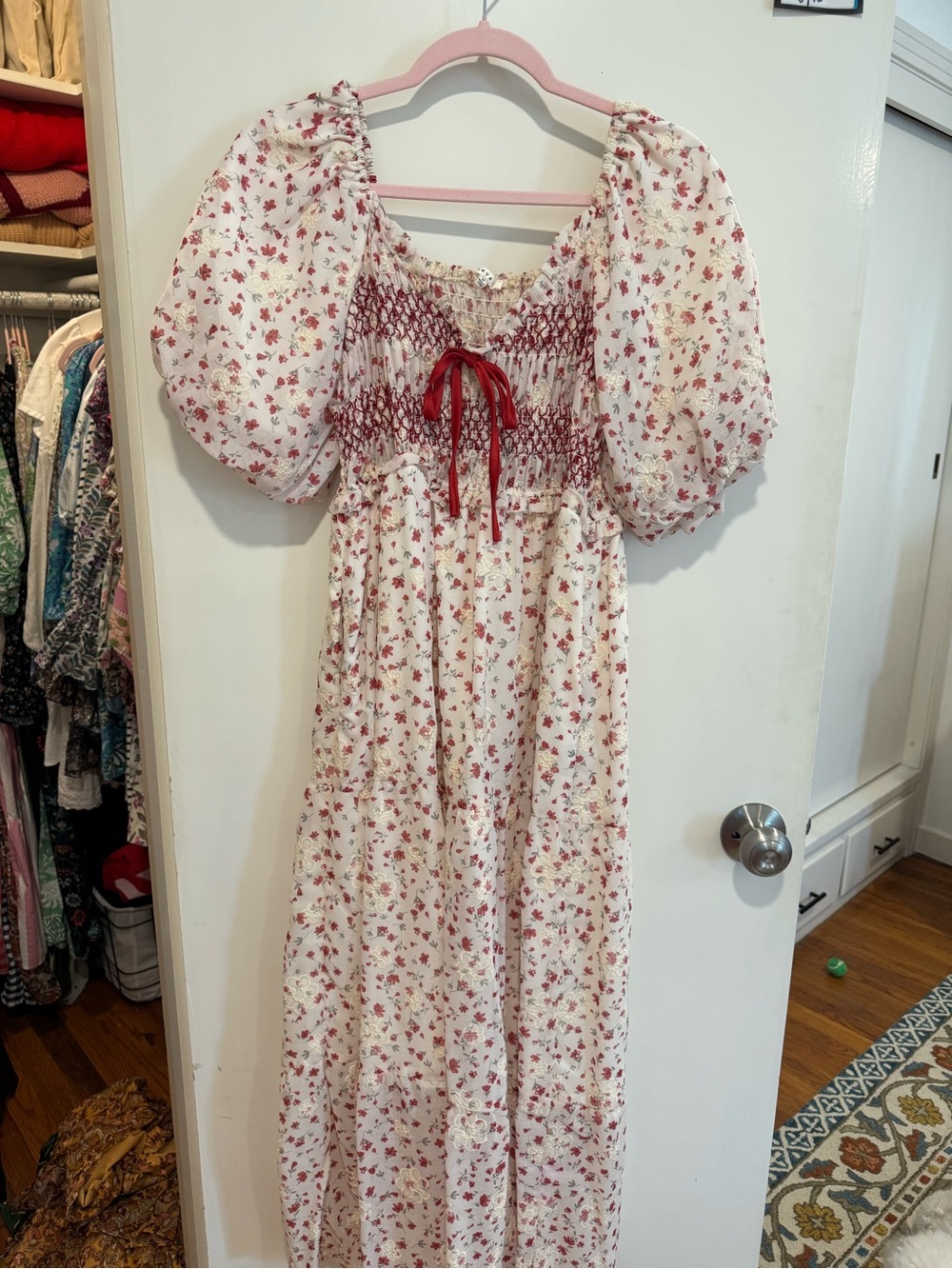Smocked Puff-Sleeve Floral Maxi Dress - White with Red Floral - Picture 2 of 6